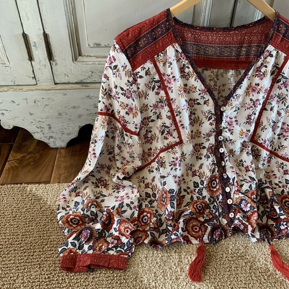 Shop Fig Tops - New Boho Vintage Floral Gypsy Tassel Tie Blouse